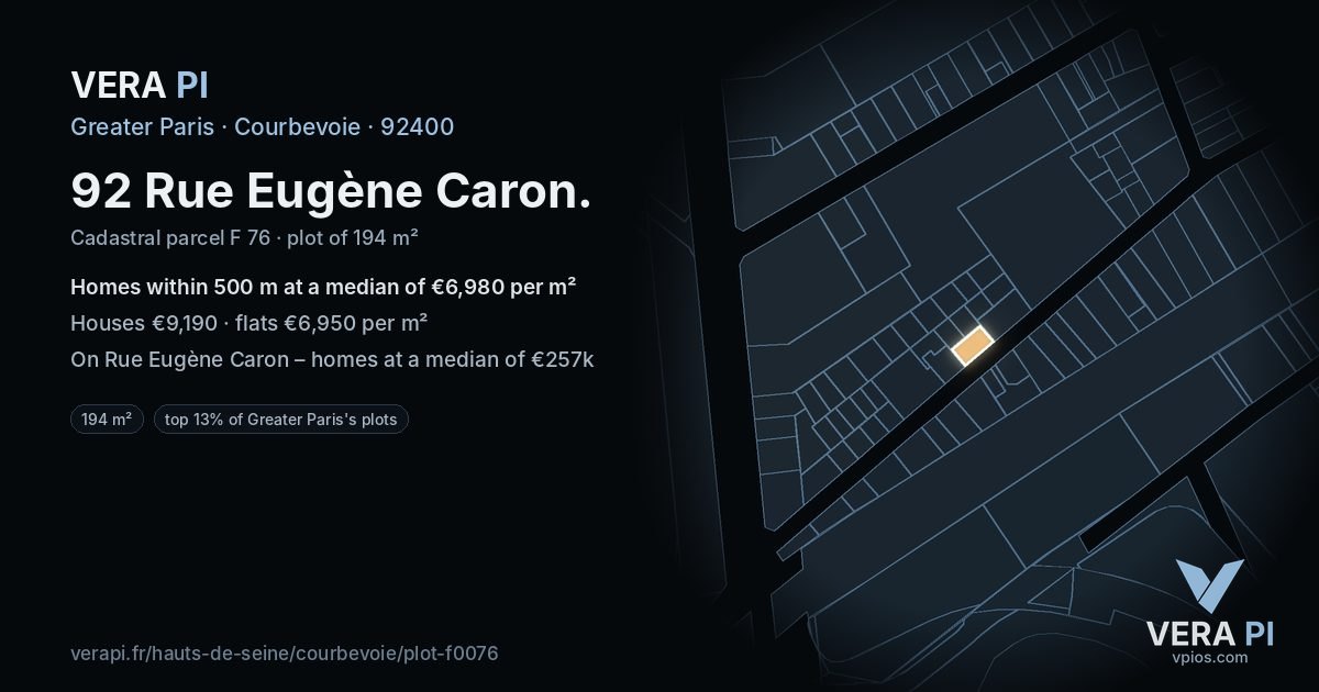92 Rue Eugène Caron, Courbevoie at night – the plot lit, the parcels around coloured by the prices near them