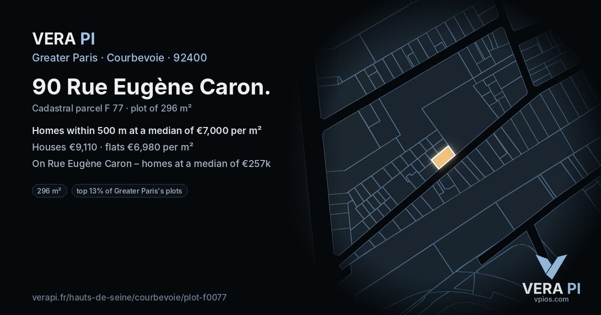 90 Rue Eugène Caron, Courbevoie at night – the plot lit, the parcels around coloured by the prices near them