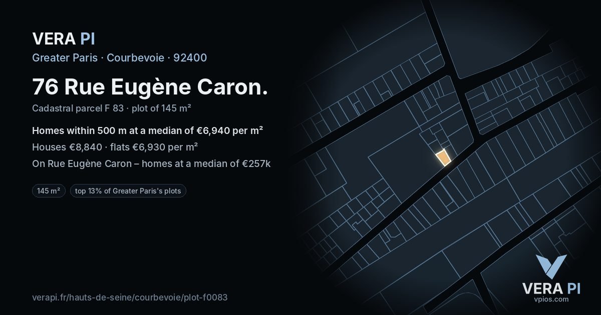 76 Rue Eugène Caron, Courbevoie at night – the plot lit, the parcels around coloured by the prices near them