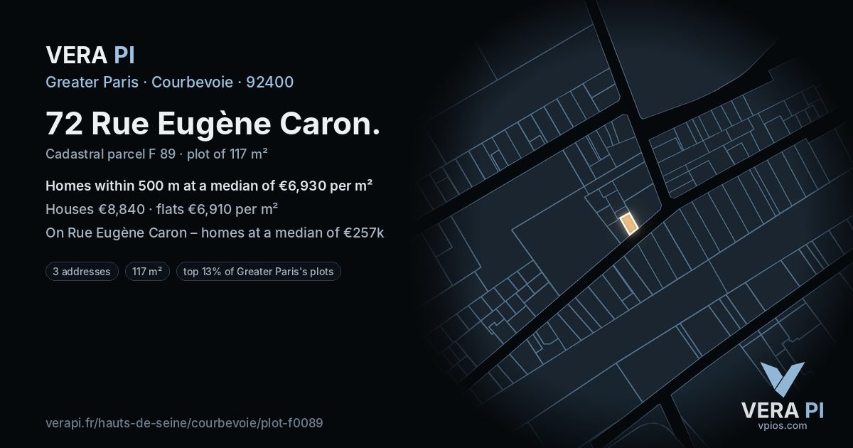 72 Rue Eugène Caron, Courbevoie at night – the plot lit, the parcels around coloured by the prices near them