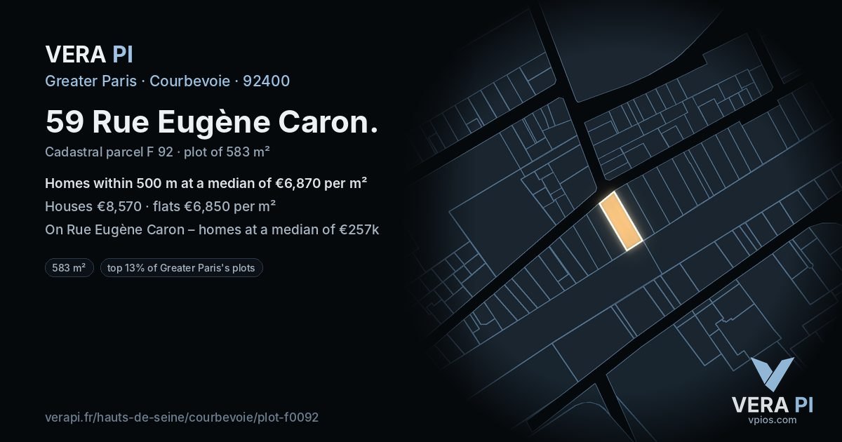 59 Rue Eugène Caron, Courbevoie at night – the plot lit, the parcels around coloured by the prices near them