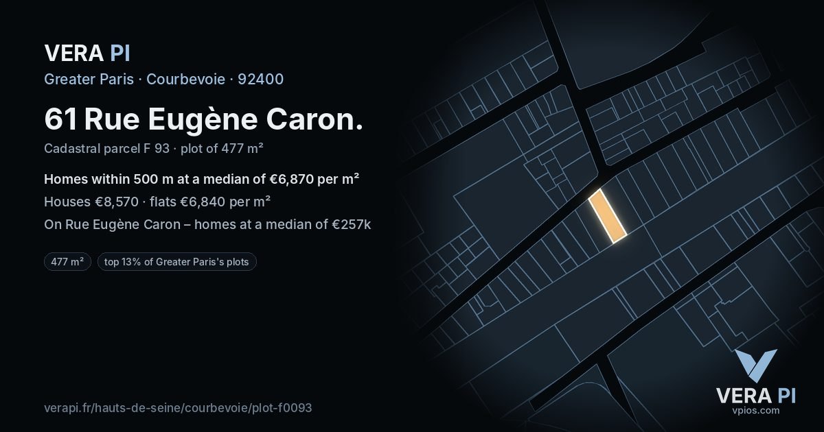 61 Rue Eugène Caron, Courbevoie at night – the plot lit, the parcels around coloured by the prices near them