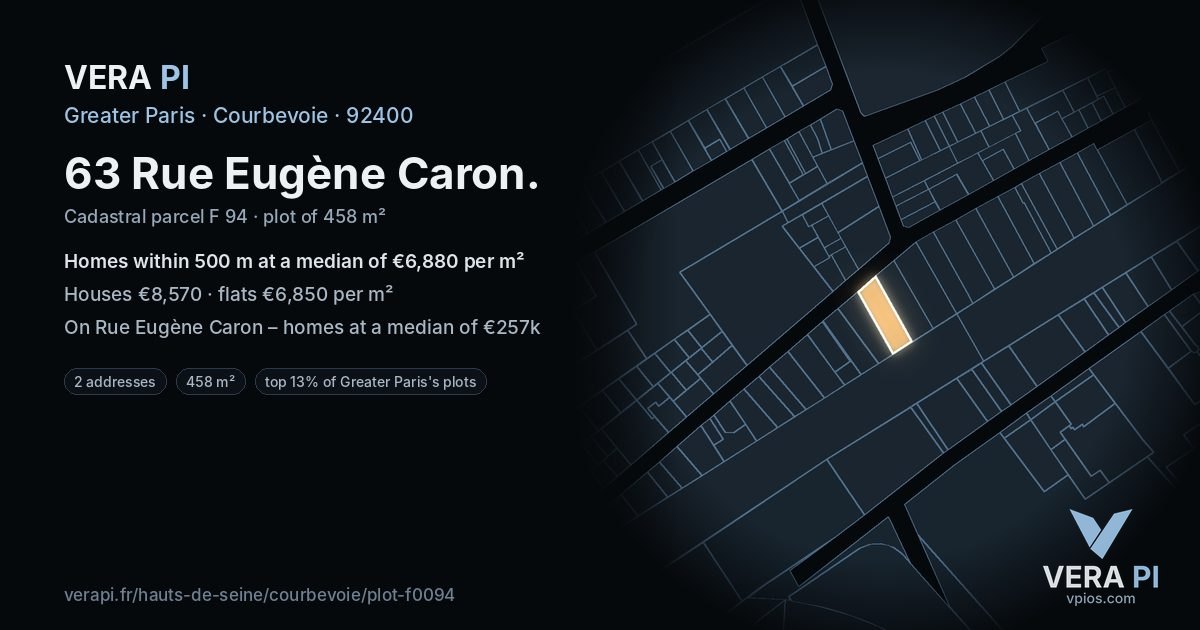 63 Rue Eugène Caron, Courbevoie at night – the plot lit, the parcels around coloured by the prices near them