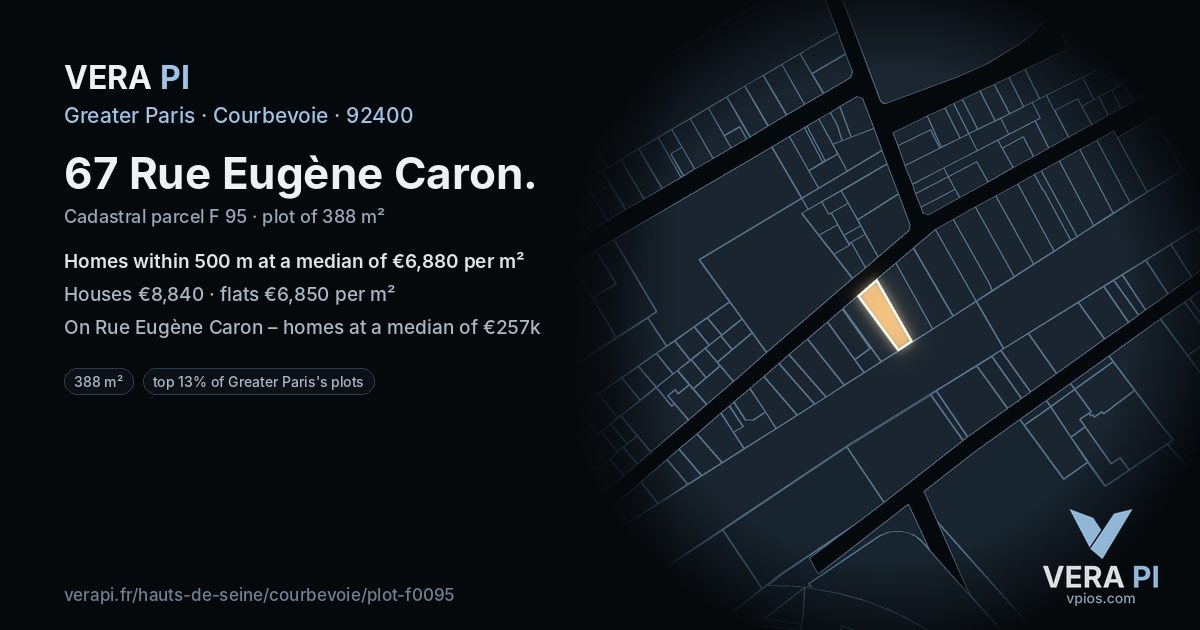 67 Rue Eugène Caron, Courbevoie at night – the plot lit, the parcels around coloured by the prices near them