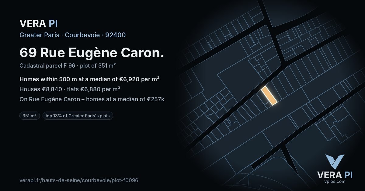 69 Rue Eugène Caron, Courbevoie at night – the plot lit, the parcels around coloured by the prices near them