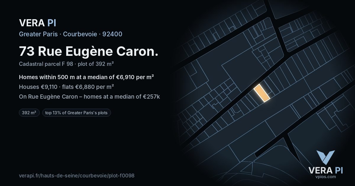 73 Rue Eugène Caron, Courbevoie at night – the plot lit, the parcels around coloured by the prices near them