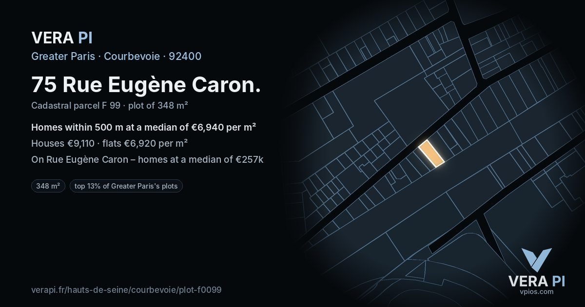75 Rue Eugène Caron, Courbevoie at night – the plot lit, the parcels around coloured by the prices near them