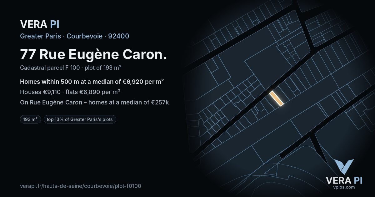 77 Rue Eugène Caron, Courbevoie at night – the plot lit, the parcels around coloured by the prices near them