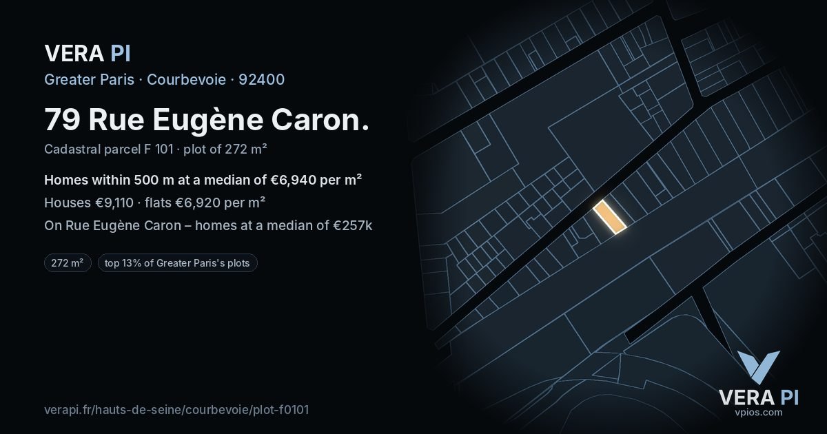 79 Rue Eugène Caron, Courbevoie at night – the plot lit, the parcels around coloured by the prices near them
