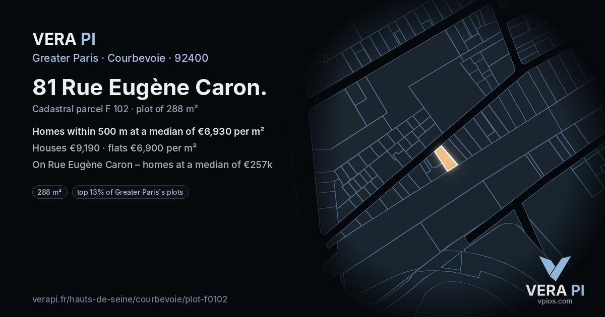 81 Rue Eugène Caron, Courbevoie at night – the plot lit, the parcels around coloured by the prices near them