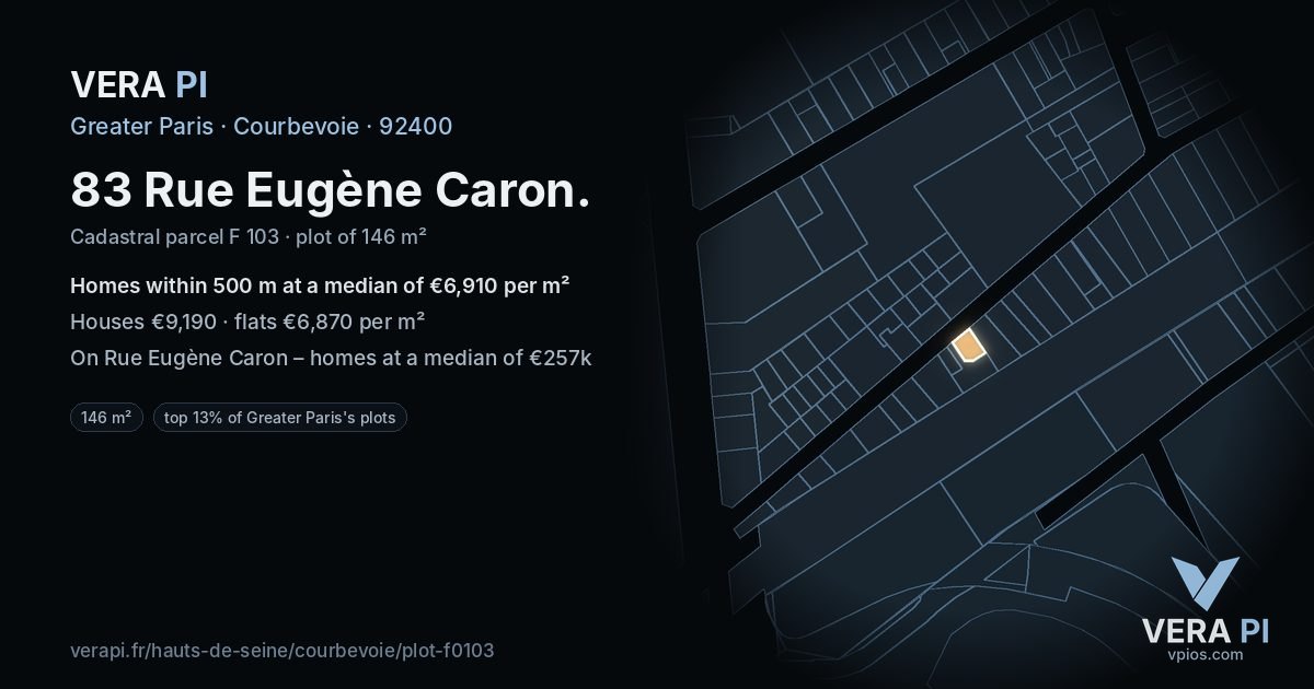 83 Rue Eugène Caron, Courbevoie at night – the plot lit, the parcels around coloured by the prices near them
