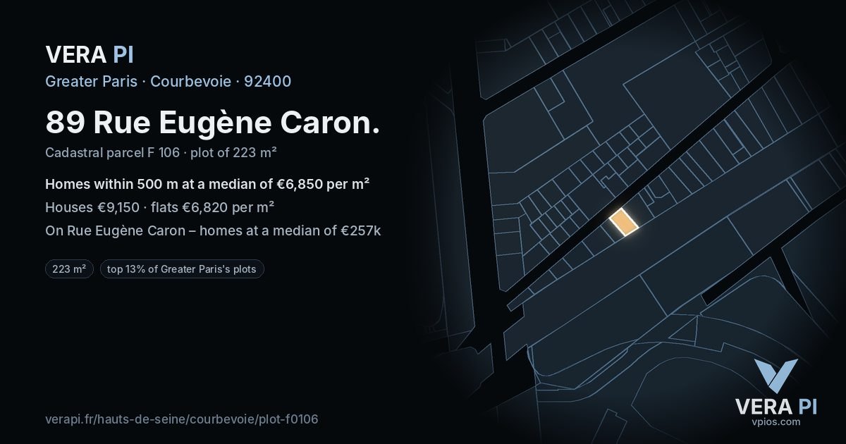 89 Rue Eugène Caron, Courbevoie at night – the plot lit, the parcels around coloured by the prices near them