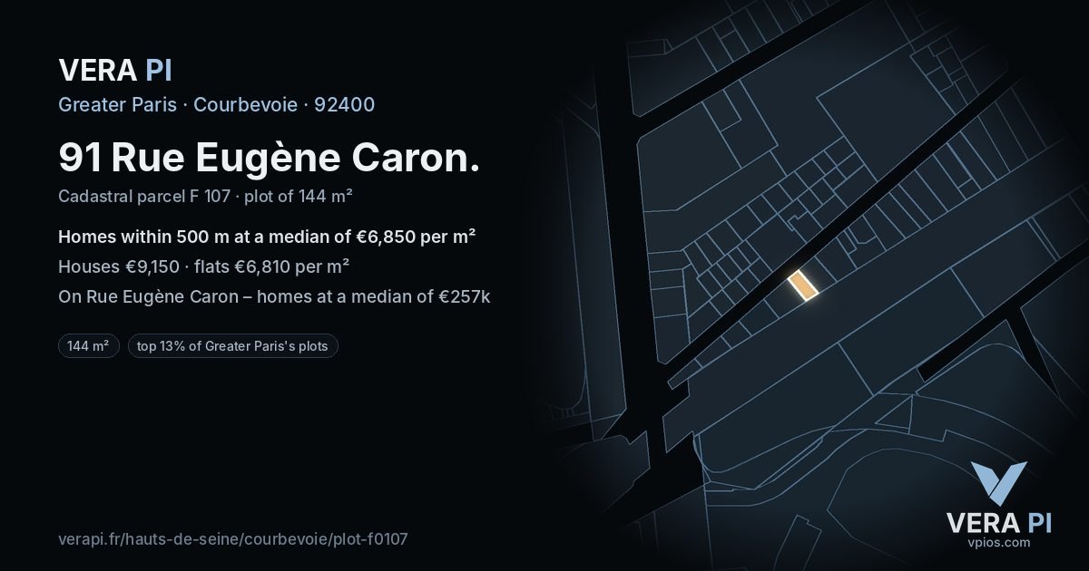 91 Rue Eugène Caron, Courbevoie at night – the plot lit, the parcels around coloured by the prices near them