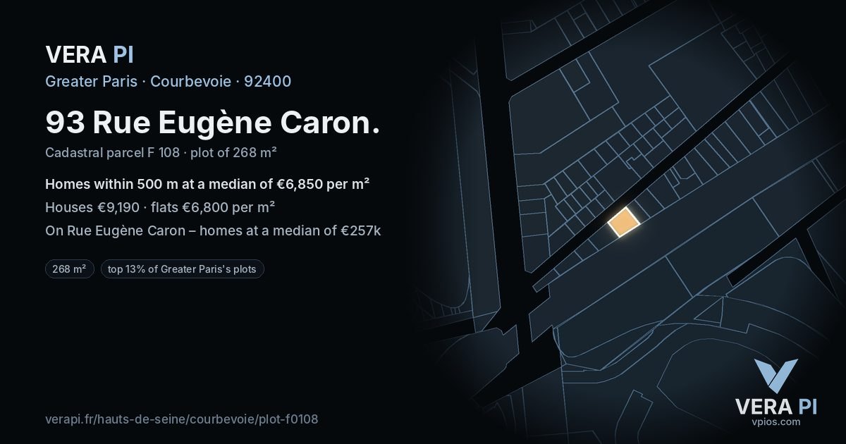 93 Rue Eugène Caron, Courbevoie at night – the plot lit, the parcels around coloured by the prices near them