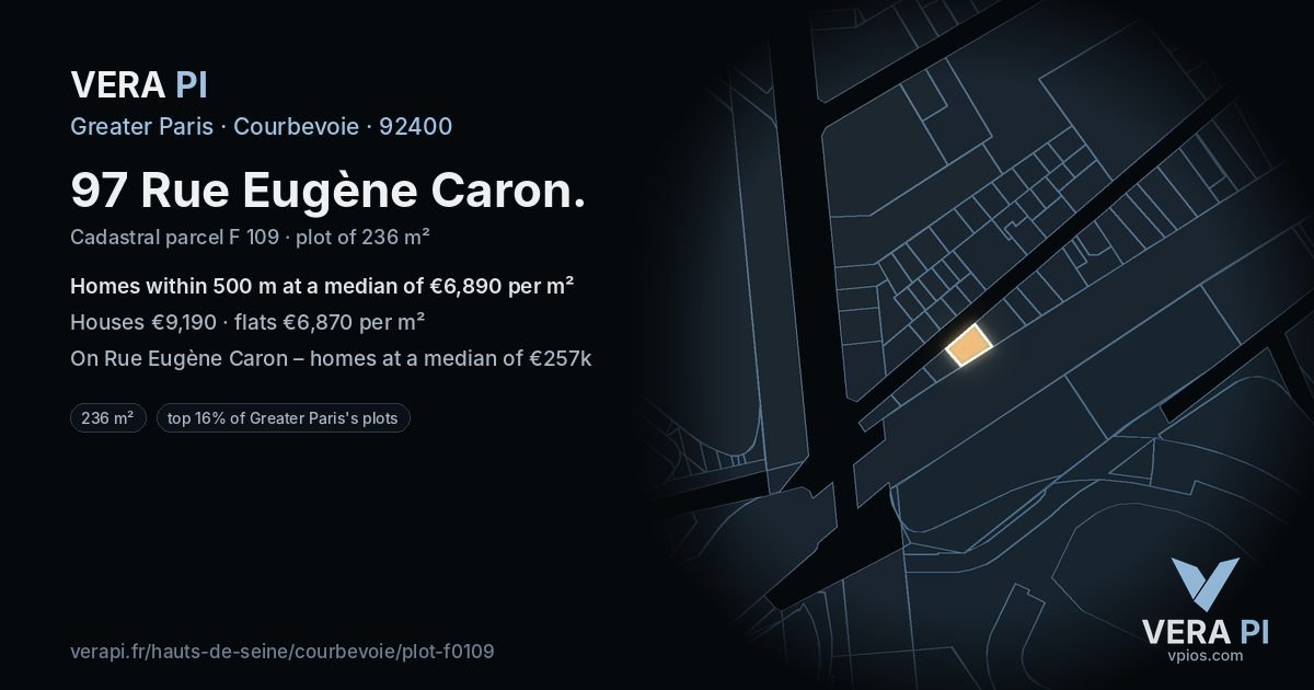 97 Rue Eugène Caron, Courbevoie at night – the plot lit, the parcels around coloured by the prices near them