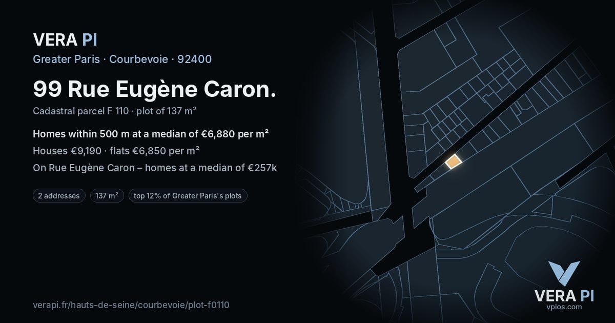 99 Rue Eugène Caron, Courbevoie at night – the plot lit, the parcels around coloured by the prices near them