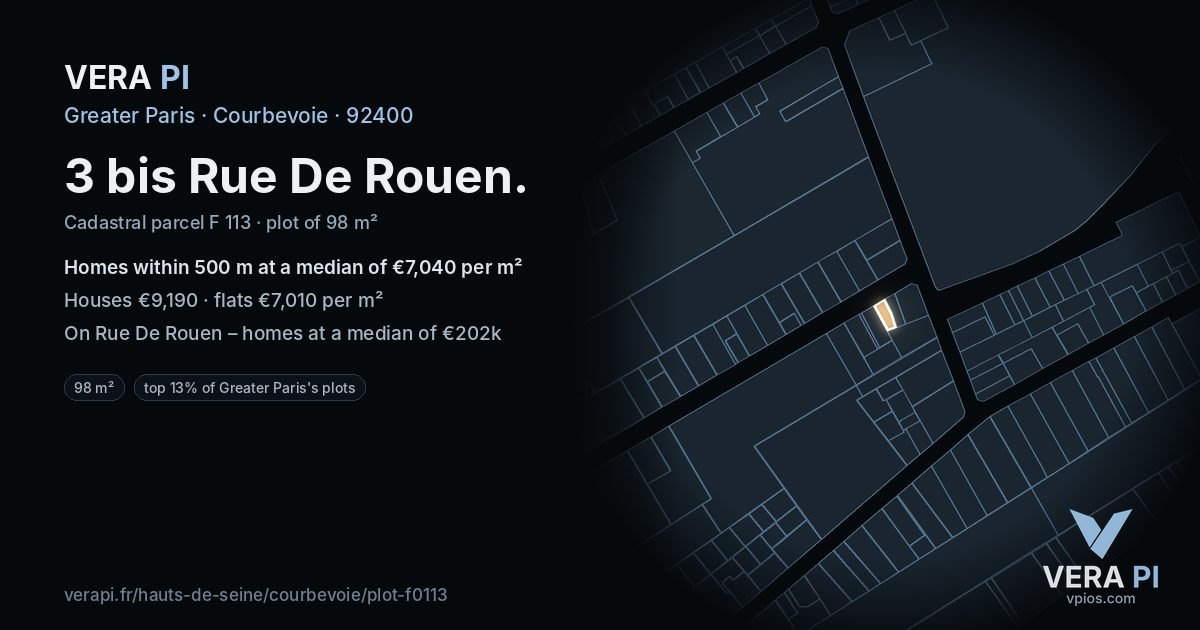 3 bis Rue De Rouen, Courbevoie at night – the plot lit, the parcels around coloured by the prices near them