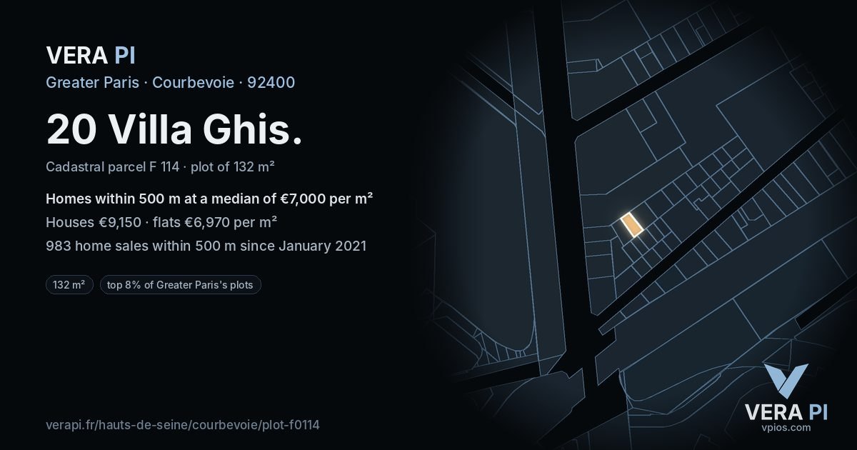 20 Villa Ghis, Courbevoie at night – the plot lit, the parcels around coloured by the prices near them