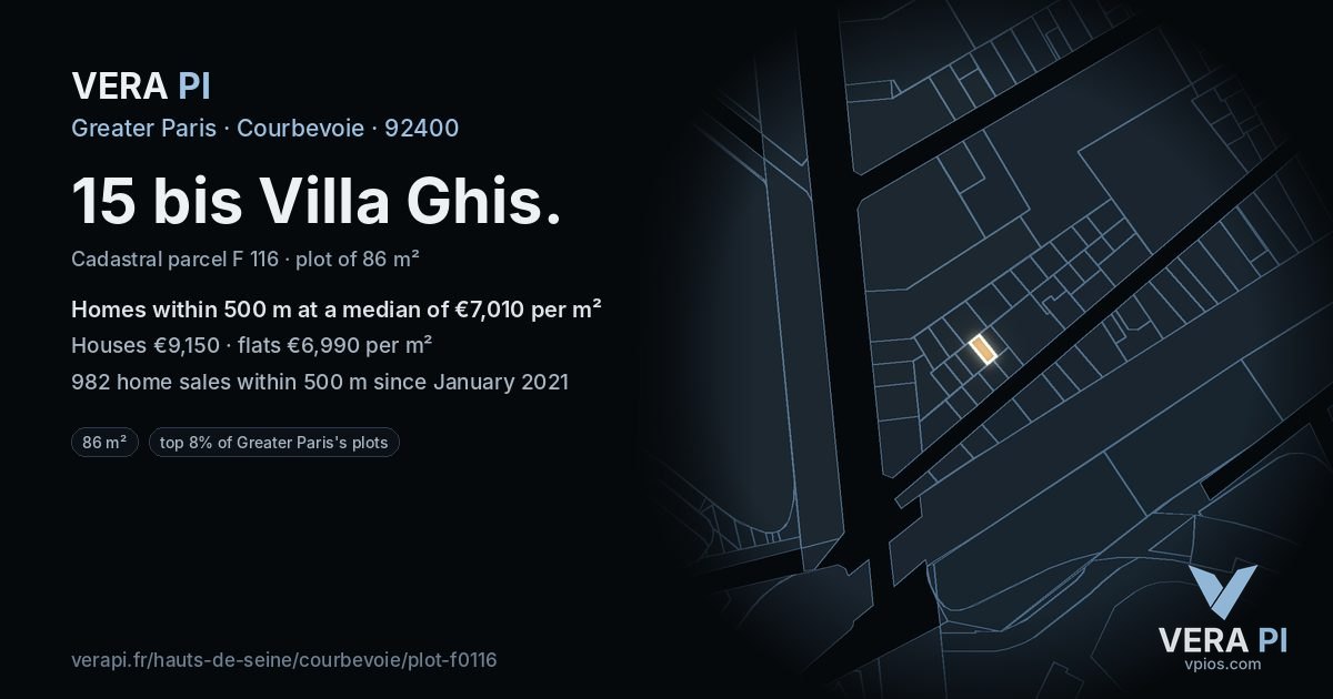 15 bis Villa Ghis, Courbevoie at night – the plot lit, the parcels around coloured by the prices near them