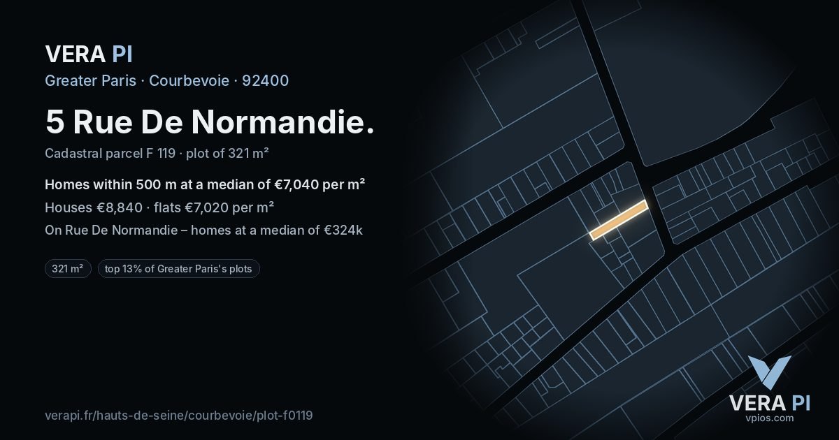 5 Rue De Normandie, Courbevoie at night – the plot lit, the parcels around coloured by the prices near them