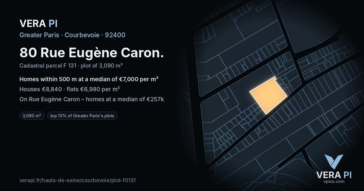 80 Rue Eugène Caron, Courbevoie at night – the plot lit, the parcels around coloured by the prices near them