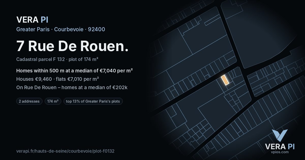 7 Rue De Rouen, Courbevoie at night – the plot lit, the parcels around coloured by the prices near them