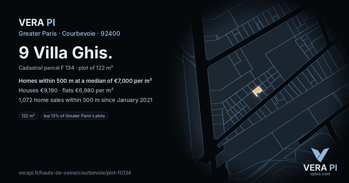 9 Villa Ghis, Courbevoie at night – the plot lit, the parcels around coloured by the prices near them