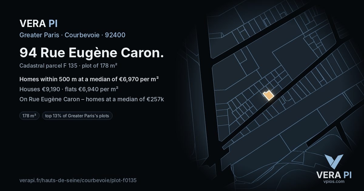 94 Rue Eugène Caron, Courbevoie at night – the plot lit, the parcels around coloured by the prices near them