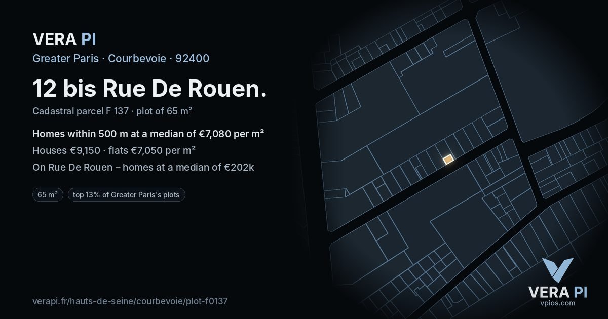 12 bis Rue De Rouen, Courbevoie at night – the plot lit, the parcels around coloured by the prices near them