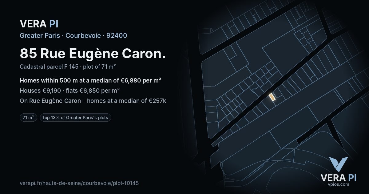 85 Rue Eugène Caron, Courbevoie at night – the plot lit, the parcels around coloured by the prices near them