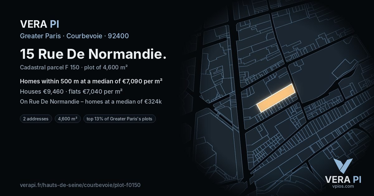 15 Rue De Normandie, Courbevoie at night – the plot lit, the parcels around coloured by the prices near them