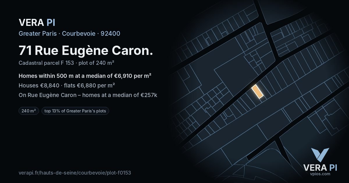 71 Rue Eugène Caron, Courbevoie at night – the plot lit, the parcels around coloured by the prices near them