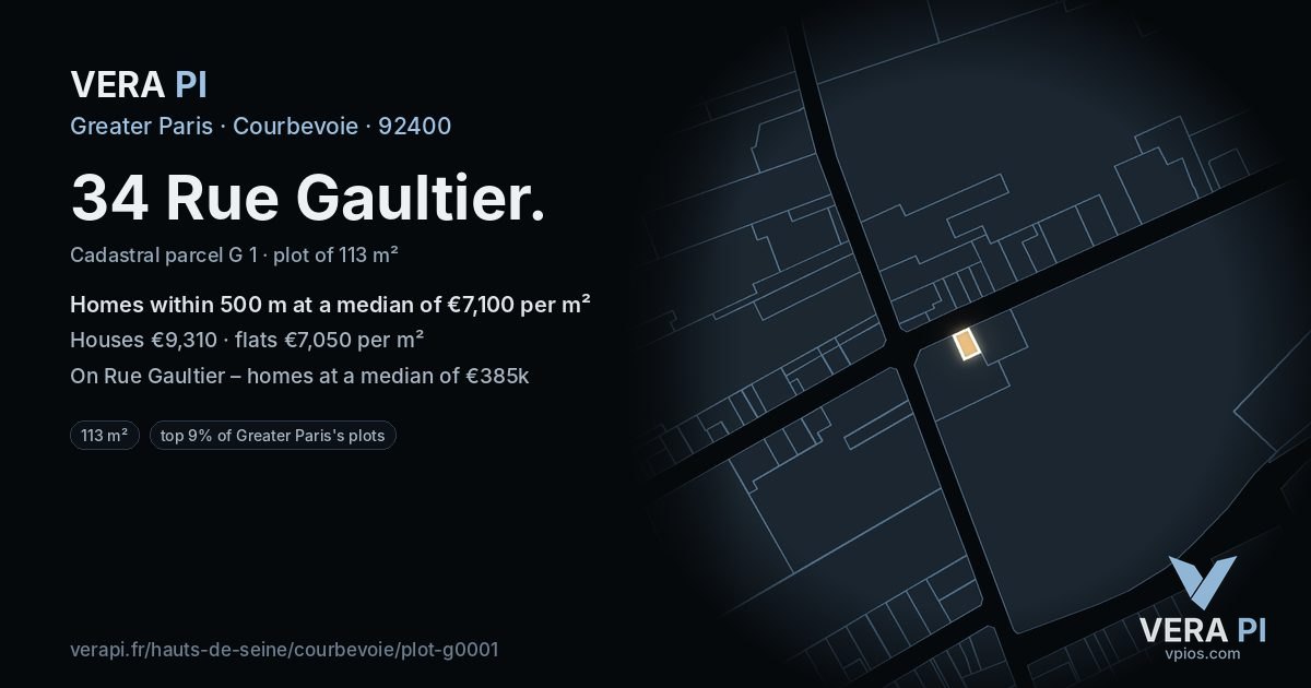 34 Rue Gaultier, Courbevoie at night – the plot lit, the parcels around coloured by the prices near them
