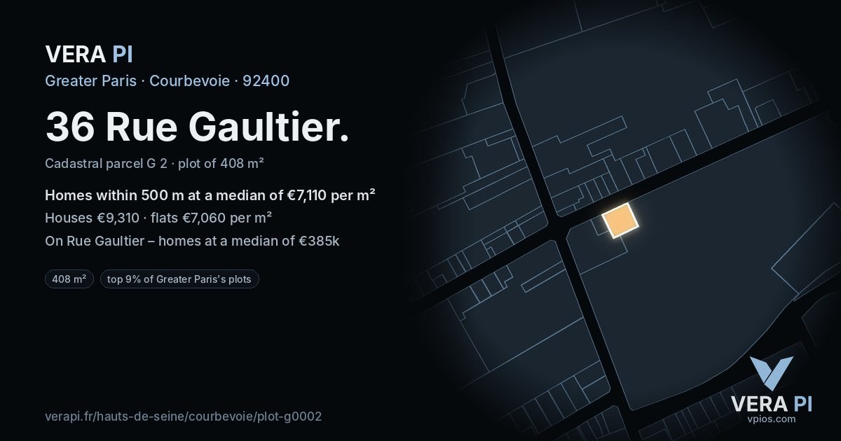 36 Rue Gaultier, Courbevoie at night – the plot lit, the parcels around coloured by the prices near them