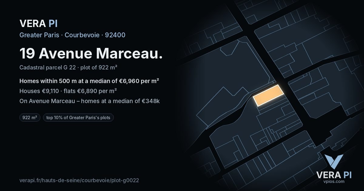 19 Avenue Marceau, Courbevoie at night – the plot lit, the parcels around coloured by the prices near them