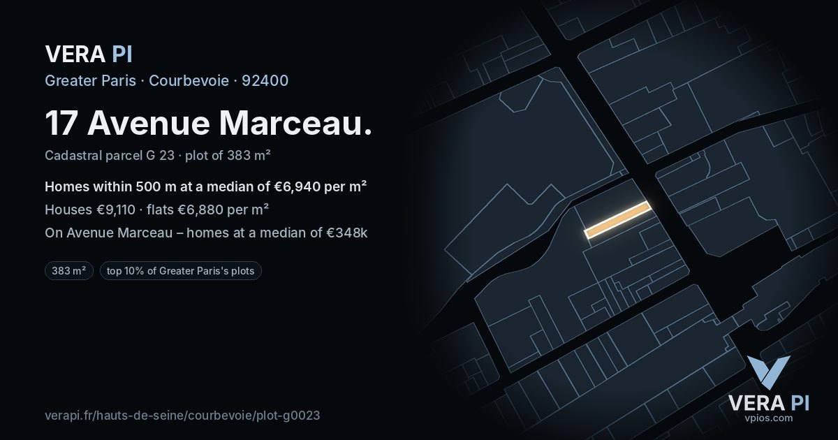 17 Avenue Marceau, Courbevoie at night – the plot lit, the parcels around coloured by the prices near them