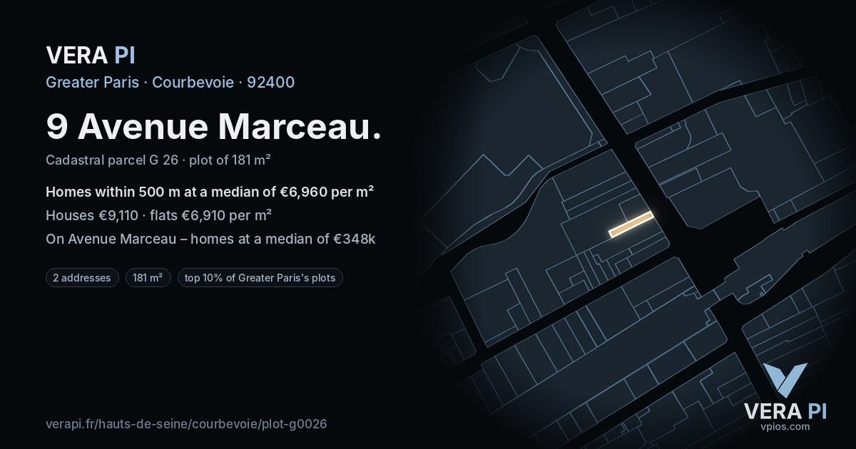 9 Avenue Marceau, Courbevoie at night – the plot lit, the parcels around coloured by the prices near them