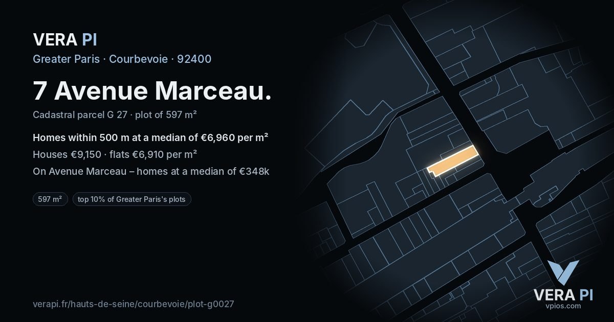 7 Avenue Marceau, Courbevoie at night – the plot lit, the parcels around coloured by the prices near them