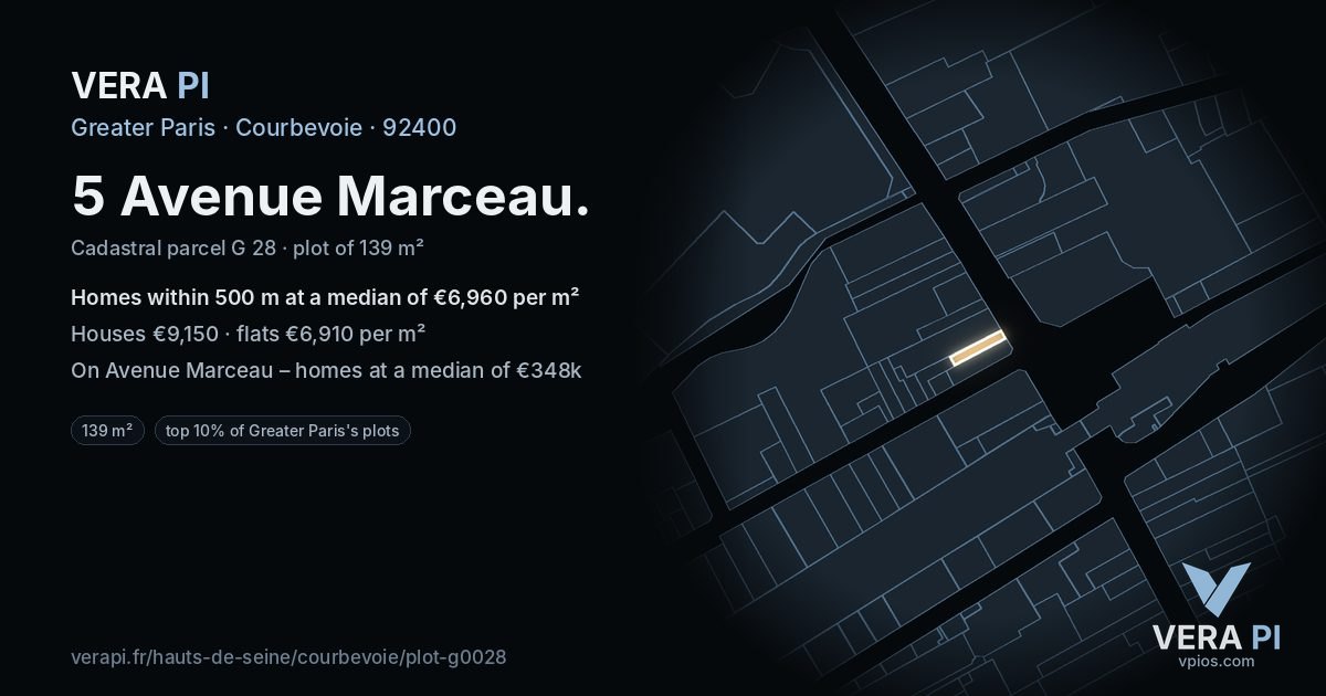 5 Avenue Marceau, Courbevoie at night – the plot lit, the parcels around coloured by the prices near them