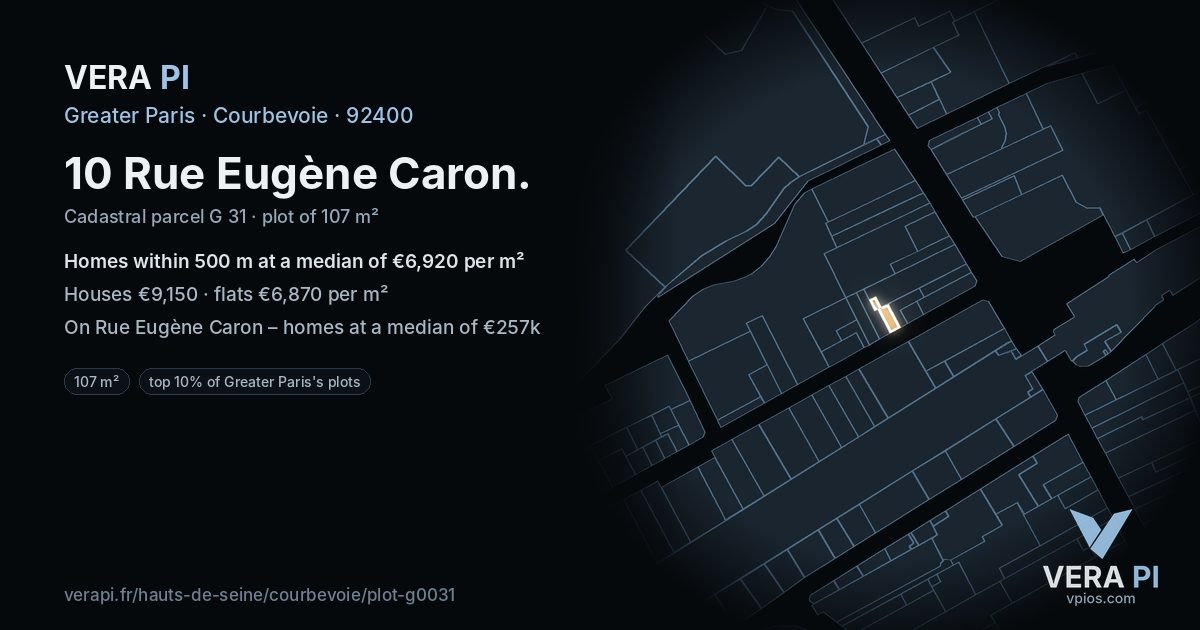 10 Rue Eugène Caron, Courbevoie at night – the plot lit, the parcels around coloured by the prices near them