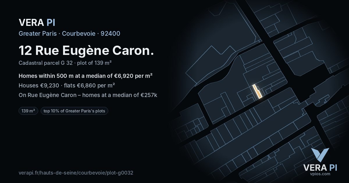 12 Rue Eugène Caron, Courbevoie at night – the plot lit, the parcels around coloured by the prices near them