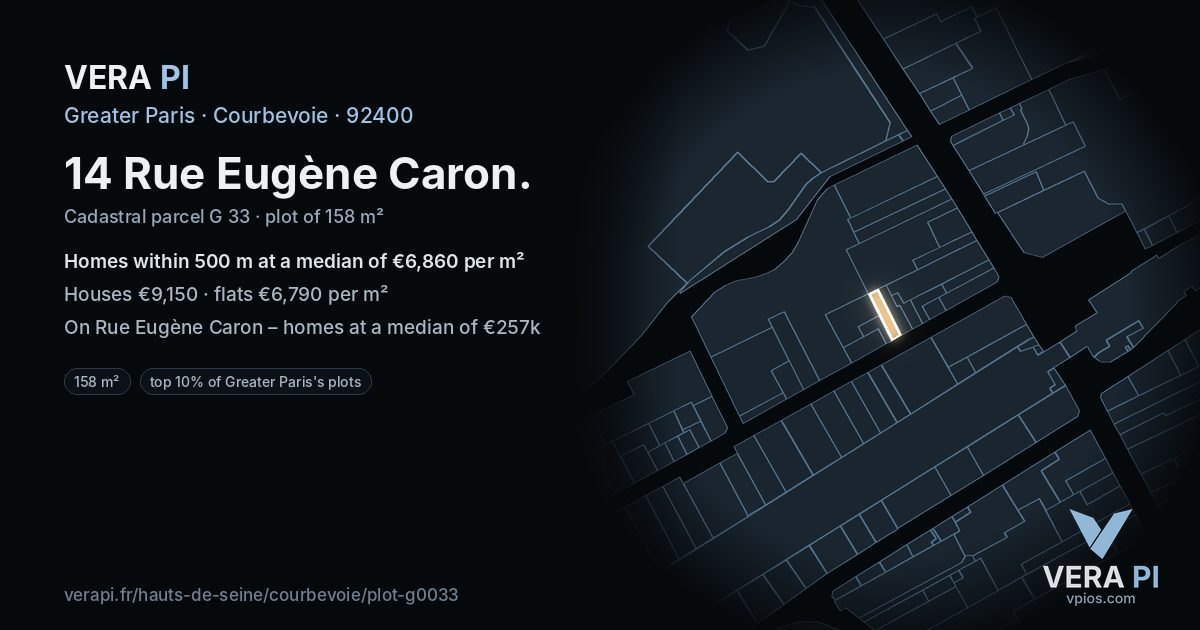 14 Rue Eugène Caron, Courbevoie at night – the plot lit, the parcels around coloured by the prices near them