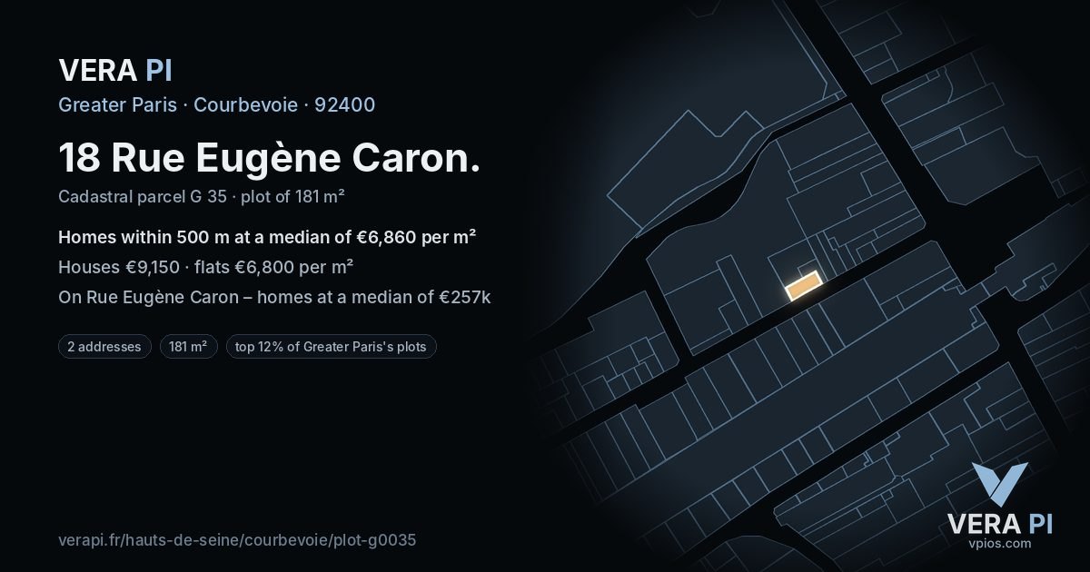 18 Rue Eugène Caron, Courbevoie at night – the plot lit, the parcels around coloured by the prices near them