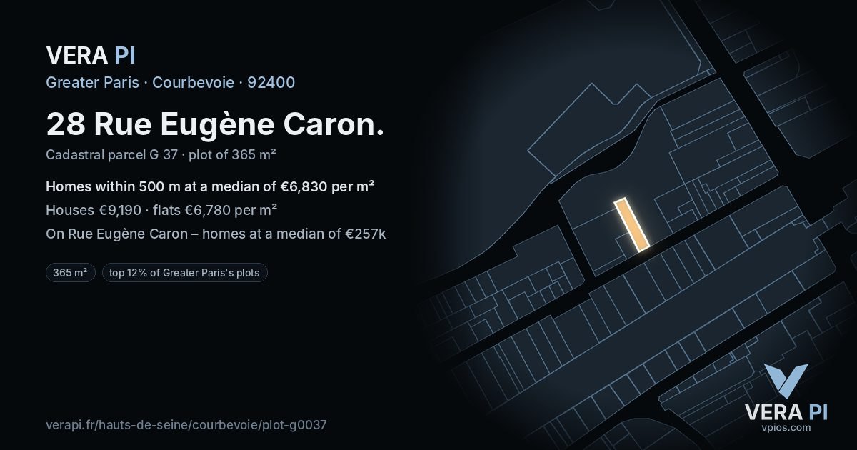 28 Rue Eugène Caron, Courbevoie at night – the plot lit, the parcels around coloured by the prices near them