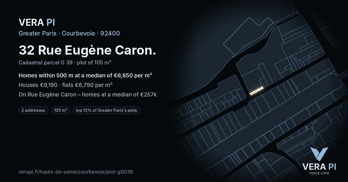 32 Rue Eugène Caron, Courbevoie at night – the plot lit, the parcels around coloured by the prices near them