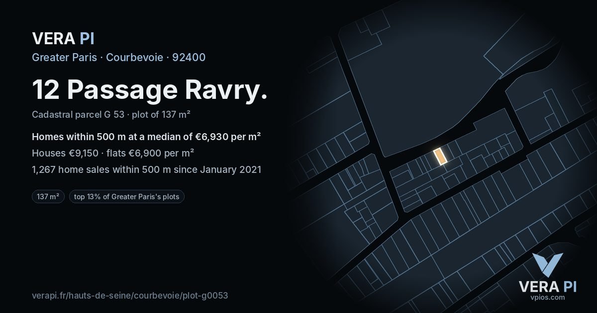 12 Passage Ravry, Courbevoie at night – the plot lit, the parcels around coloured by the prices near them