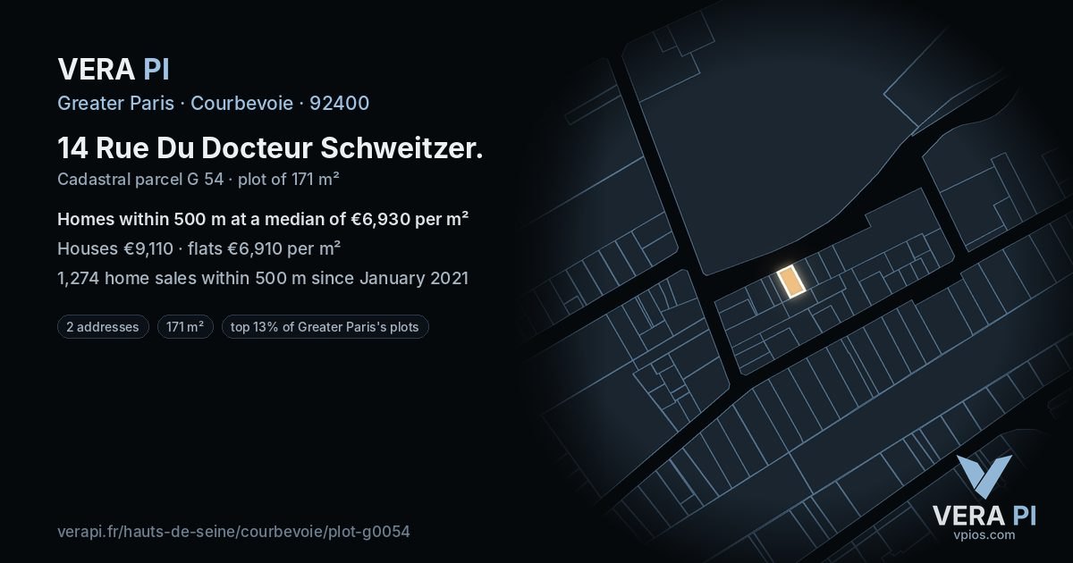14 Rue Du Docteur Schweitzer, Courbevoie at night – the plot lit, the parcels around coloured by the prices near them