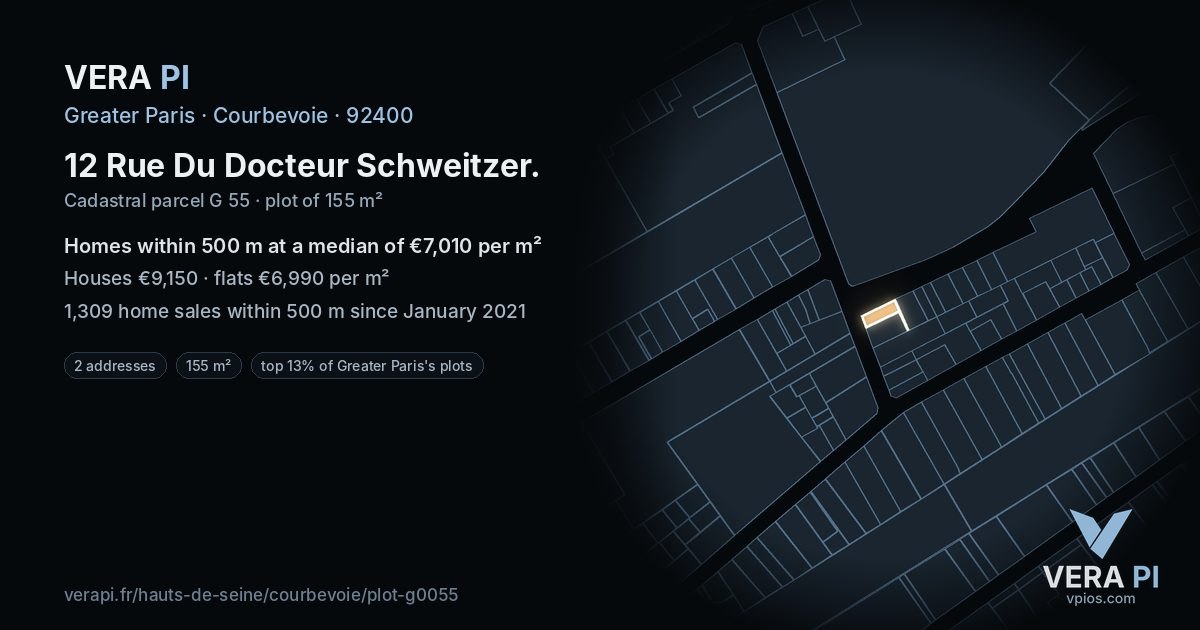 12 Rue Du Docteur Schweitzer, Courbevoie at night – the plot lit, the parcels around coloured by the prices near them
