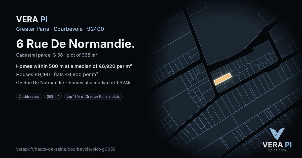 6 Rue De Normandie, Courbevoie at night – the plot lit, the parcels around coloured by the prices near them