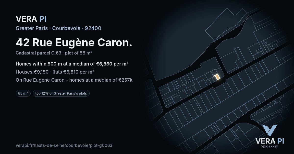 42 Rue Eugène Caron, Courbevoie at night – the plot lit, the parcels around coloured by the prices near them